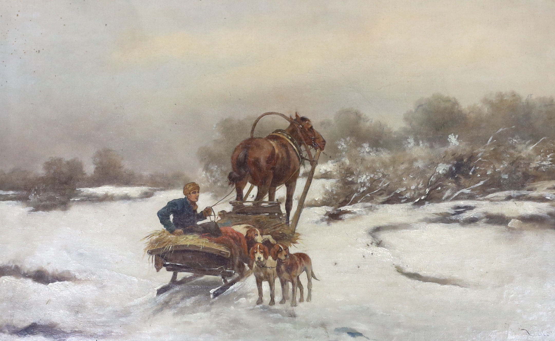 Janus Wolski (19th. C), oil on canvas, Troika with figure and dogs, signed, indistinct inscription verso, 36 x 57cm